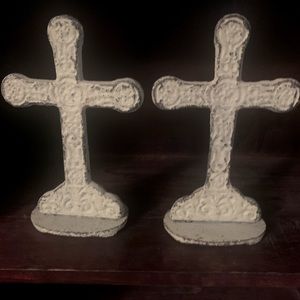 2 iron crosses w/ a circle base to stand on shelf